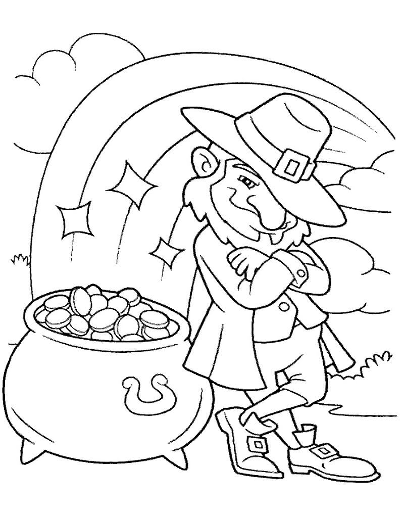Leprechaun and Pot of Gold Saint Patricks Coloring Page