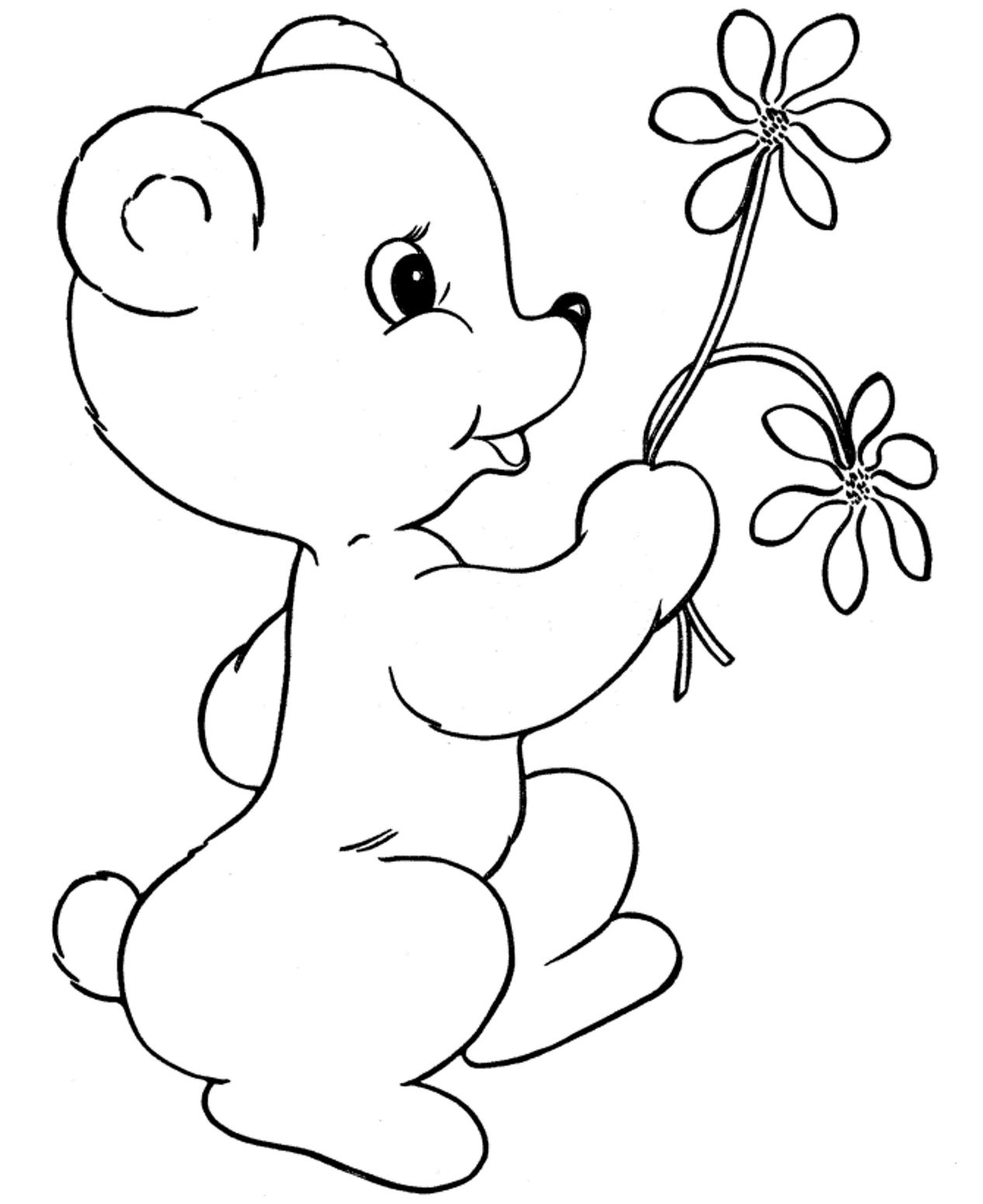 Little Bear With Flowers Valentines Coloring Page