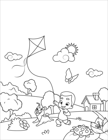 Little Boy Flying A Kite Coloring Page