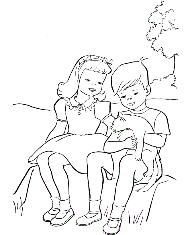 Little Couple With Cat Animal Sa0fa Coloring Page