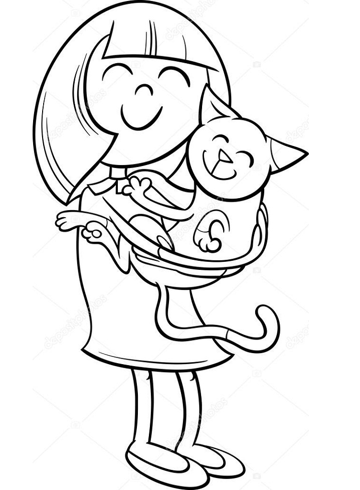 Little Girl Hugs Kitten Coloring Page