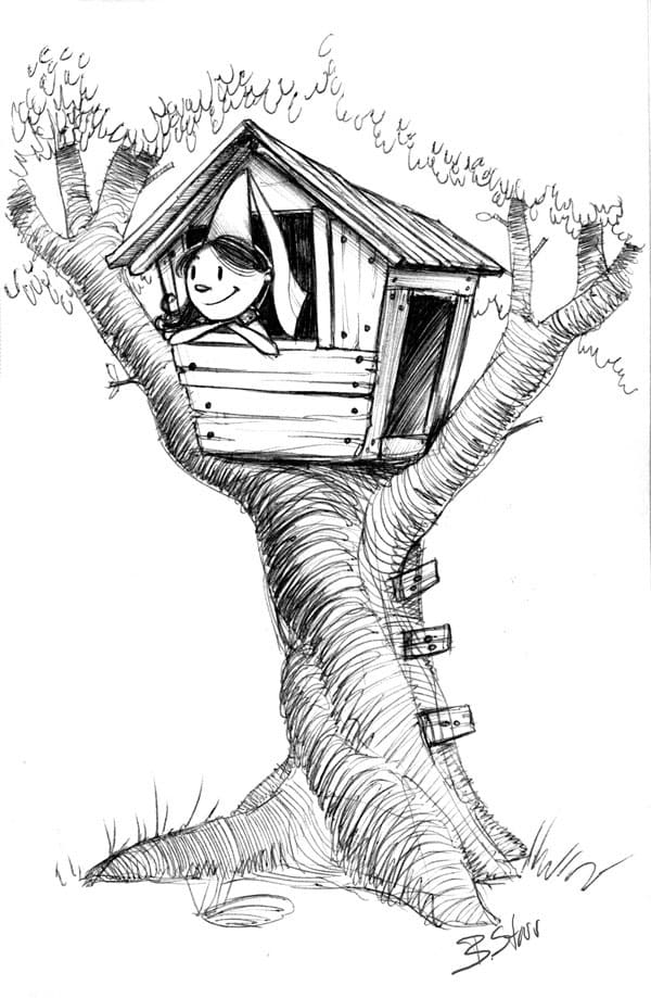 Little Girl in Treehouse Coloring Page