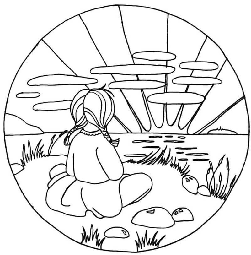 Little Girl on the Sunset Coloring Page