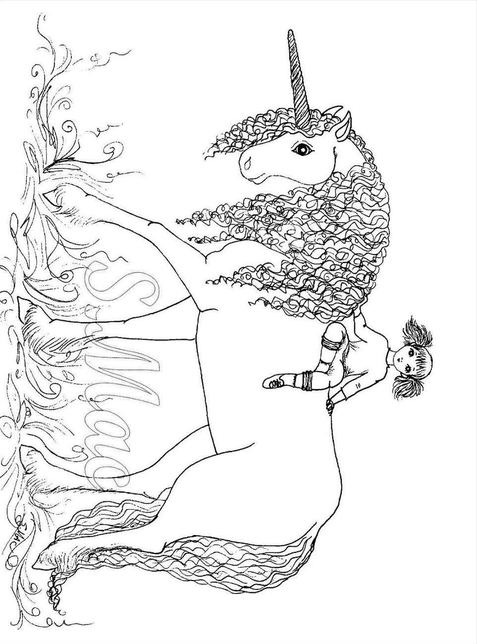 Little Girl On Unicorn Coloring Page