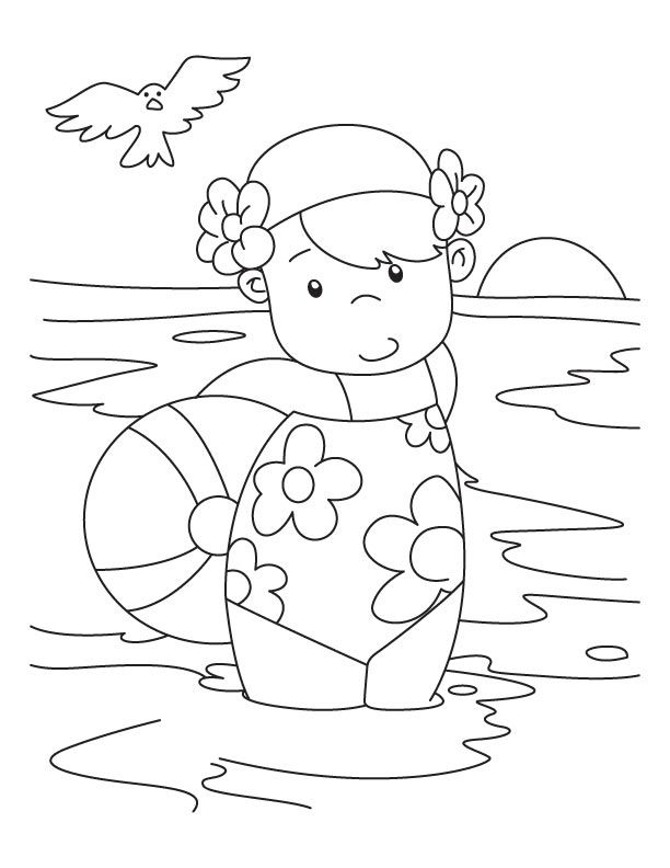 Little Girl Swimming At Beach Coloring Page