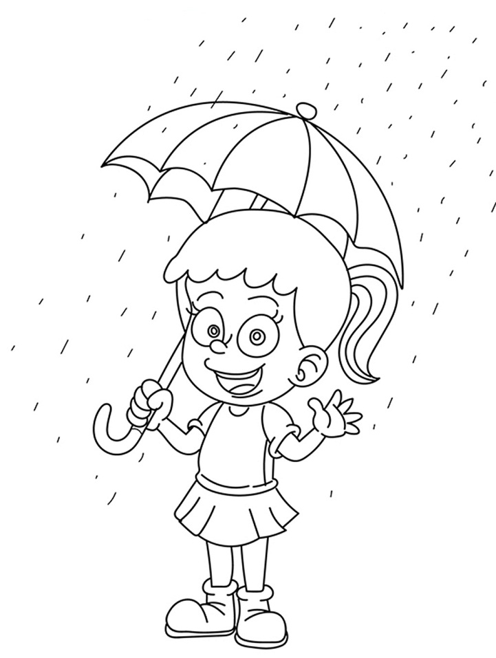 Little Girl Under The Rain Coloring Page