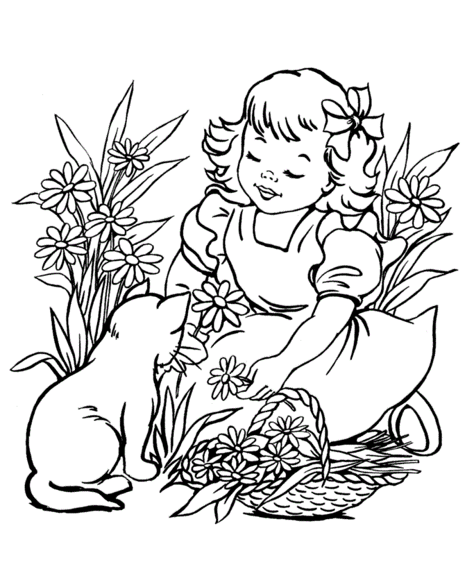 Little Girl With Her Kitty Animal Sb462 Coloring Page