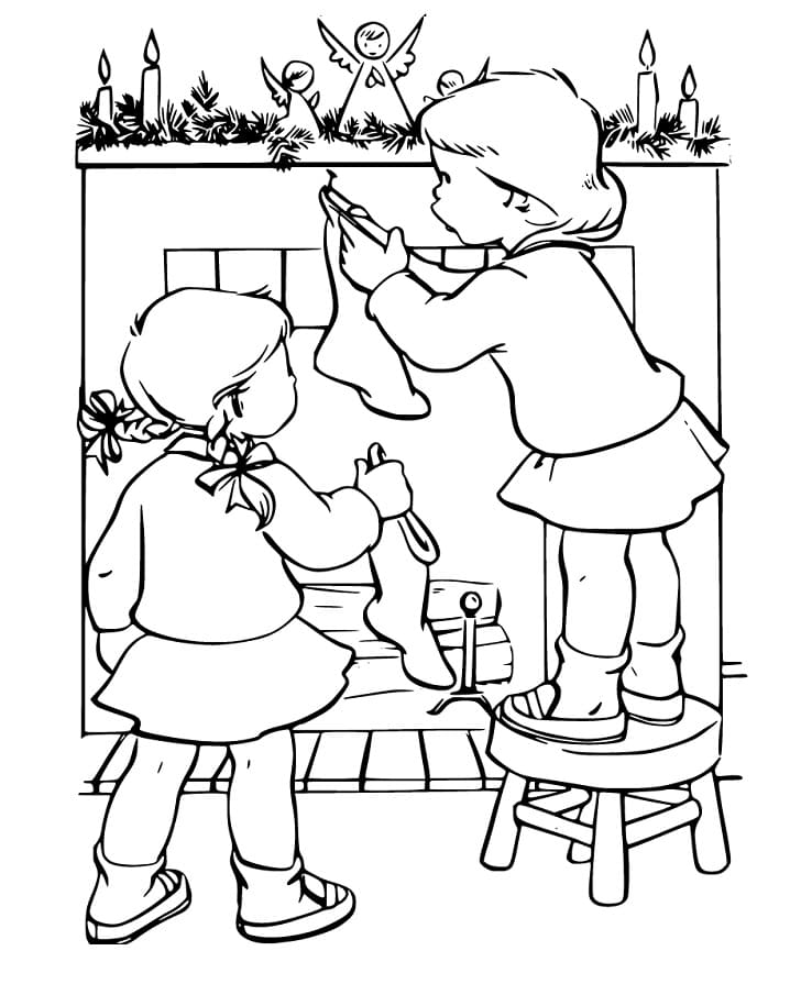 Little Girls and Fireplace Coloring Page