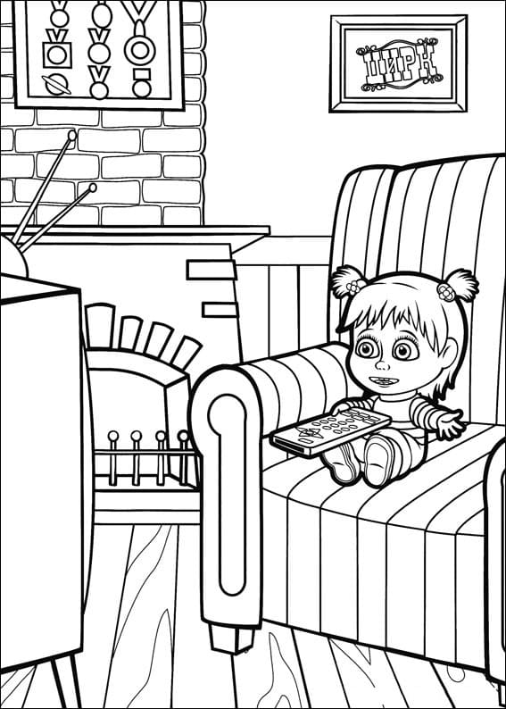 Little Masha Watching TV Coloring Page