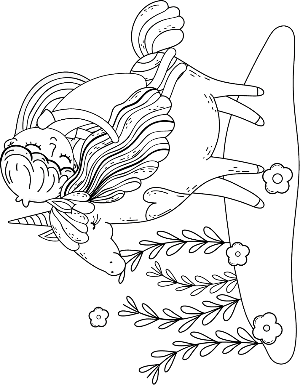 Little Princess Sleeping On Unicorn Coloring Page