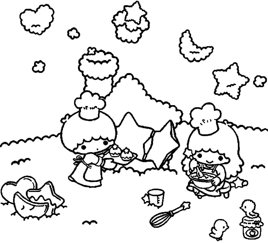 Little Twin Stars Making Cupcake Coloring Page