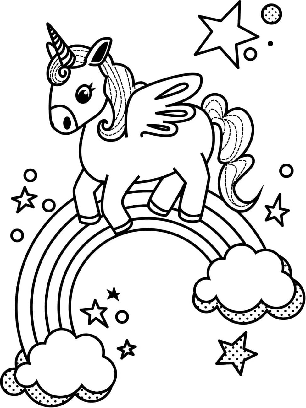 Little Unicorn And Rainbow Coloring Page