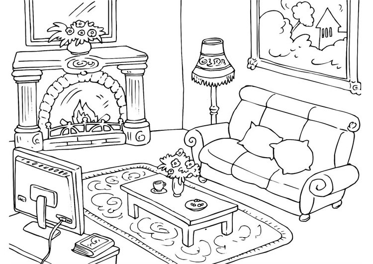 Living Room With A Heater Coloring Page