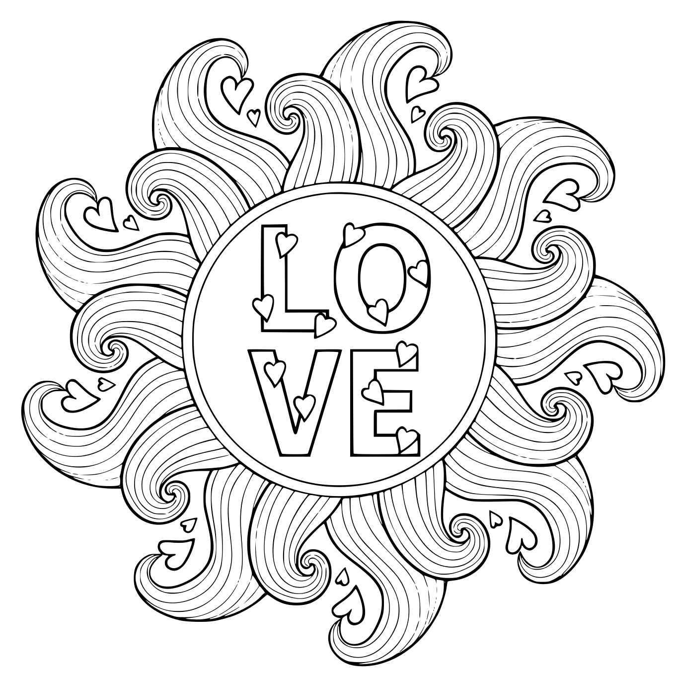 Love Circle Mandala Heart Waves Coloring Page