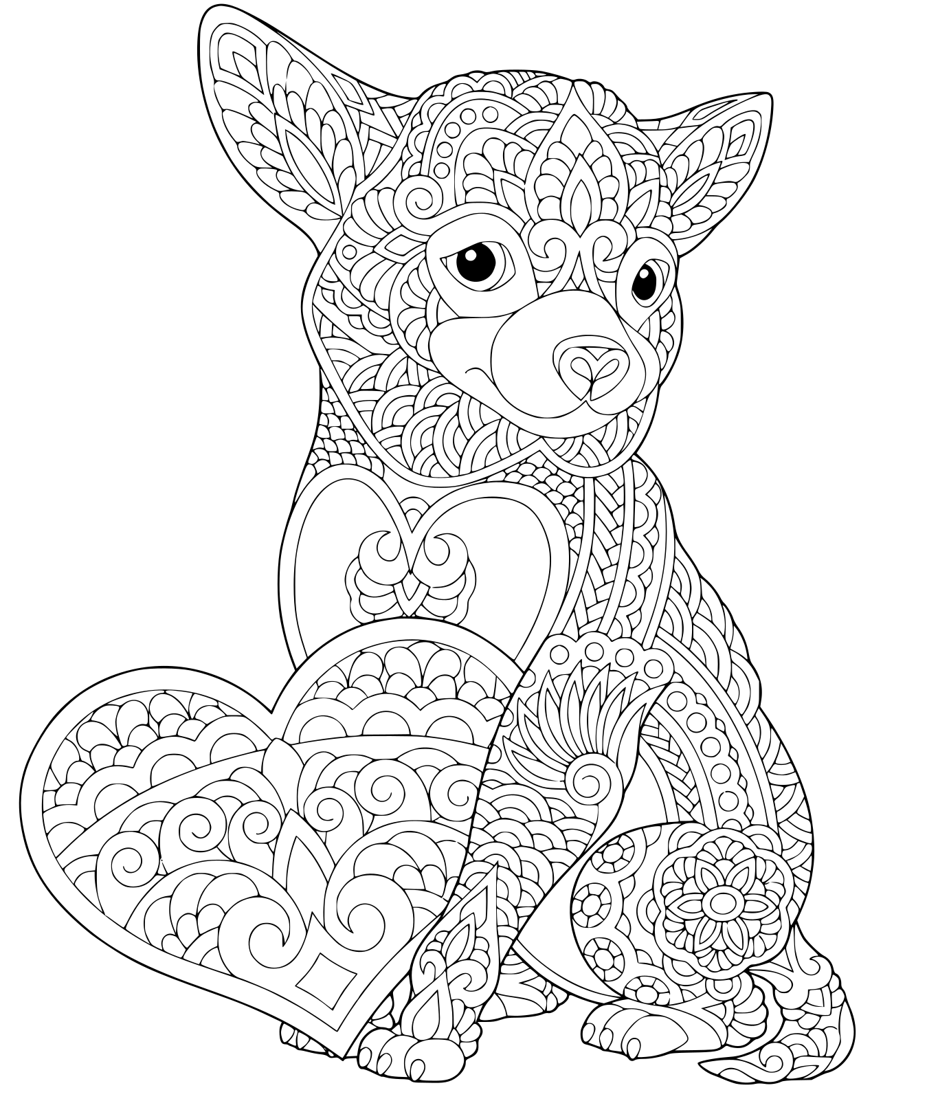 Lovely Dog With Heart For Valentines Day Card Anti Stress Coloring Page