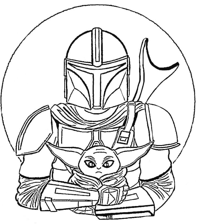 Mandalorian with Baby Yoda Coloring Page