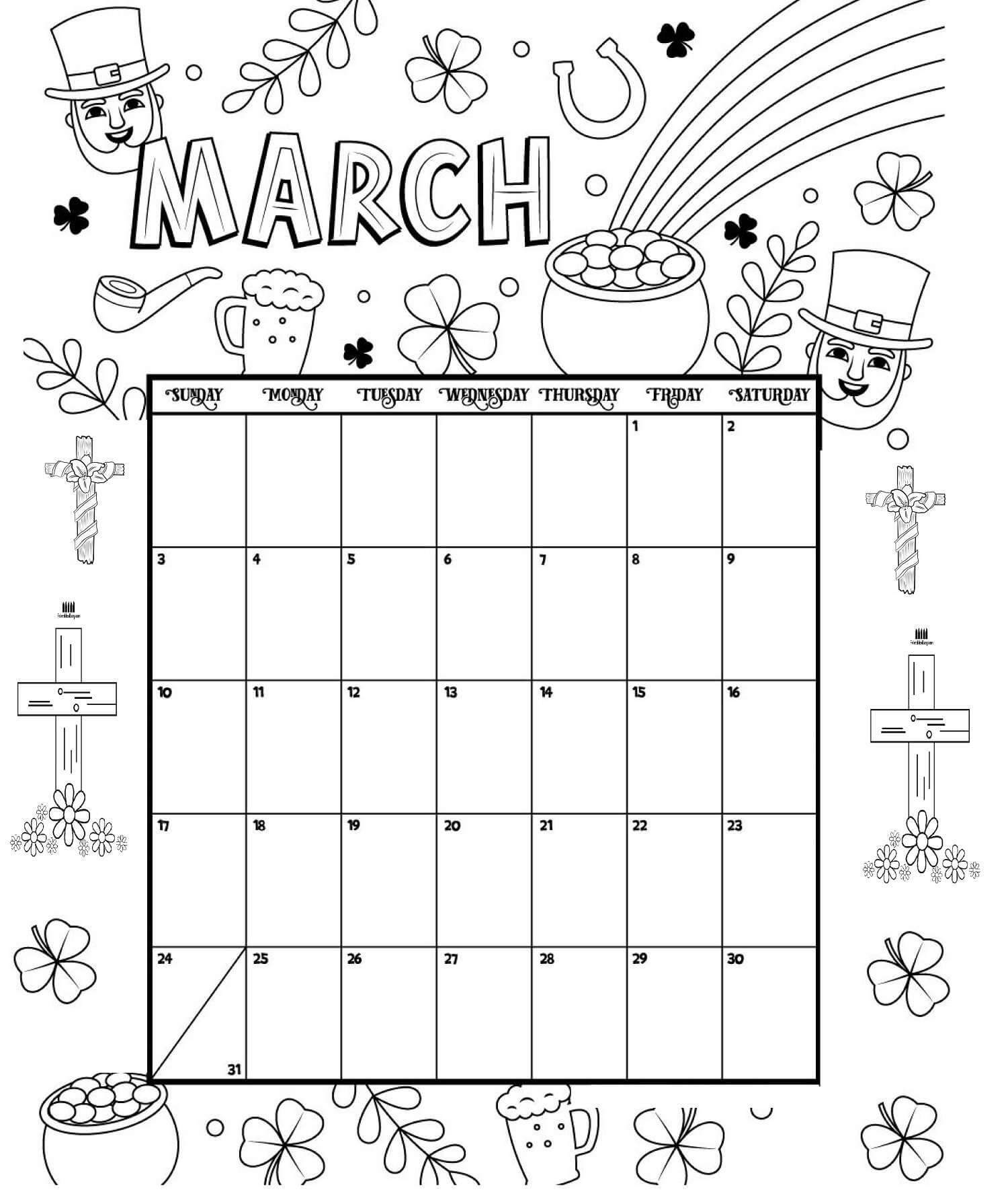 March Coloring Calendar 2019
