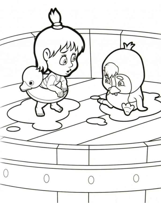 Masha and Penguin Coloring Page