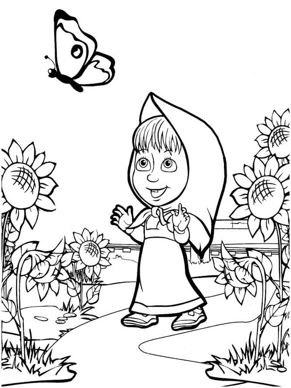 Masha Catch Butter Fly Coloring Page