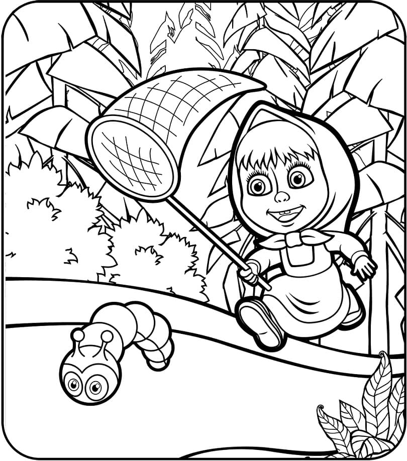 Masha Catching Worm Coloring Page