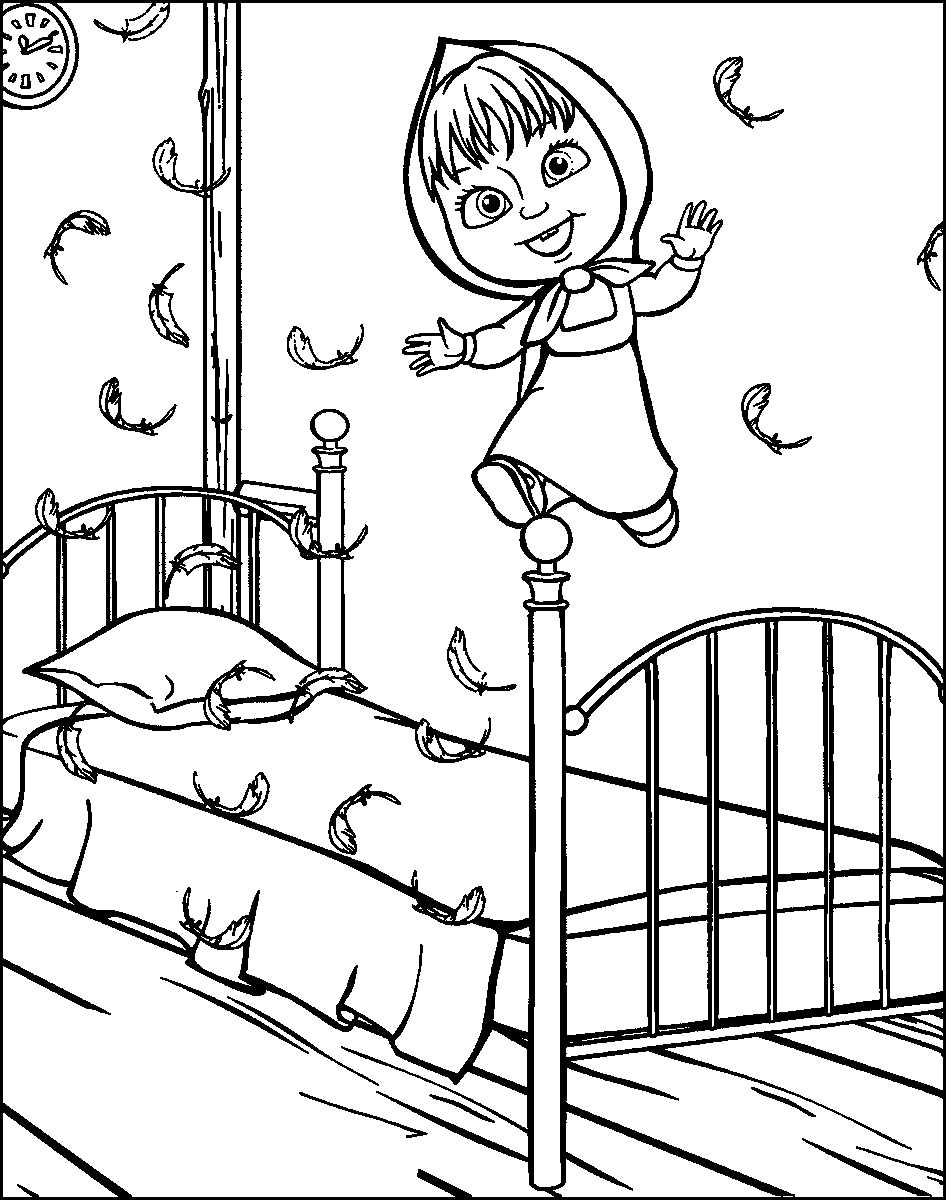Masha Jumping on the bed Coloring Page