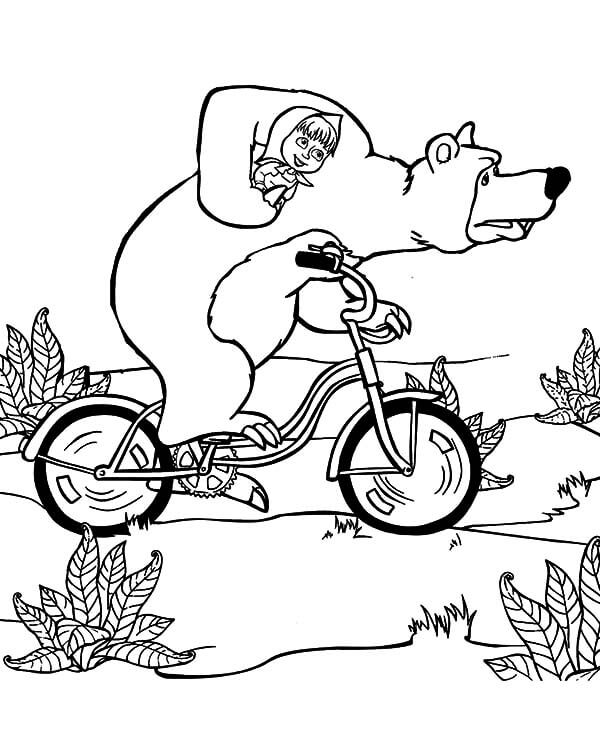 Masha Riding Bike with Bear Coloring Page