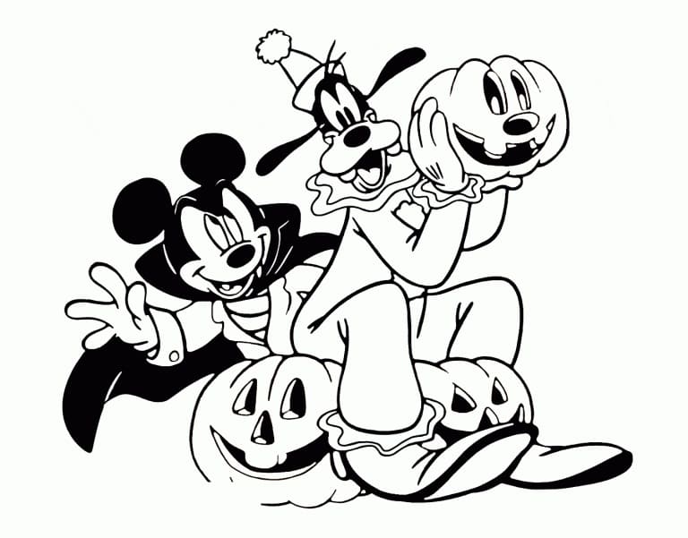 Mickey and Goofy on Hallween Coloring Page