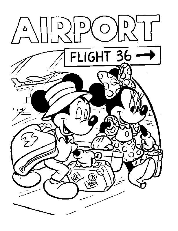 Mickey And Minnie In Airport Disney Coloring Page