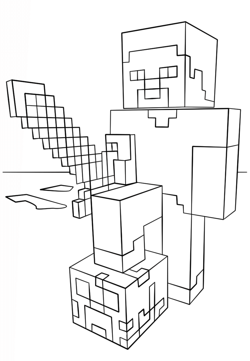 Minecraft Steve With Diamond Sword Coloring Page
