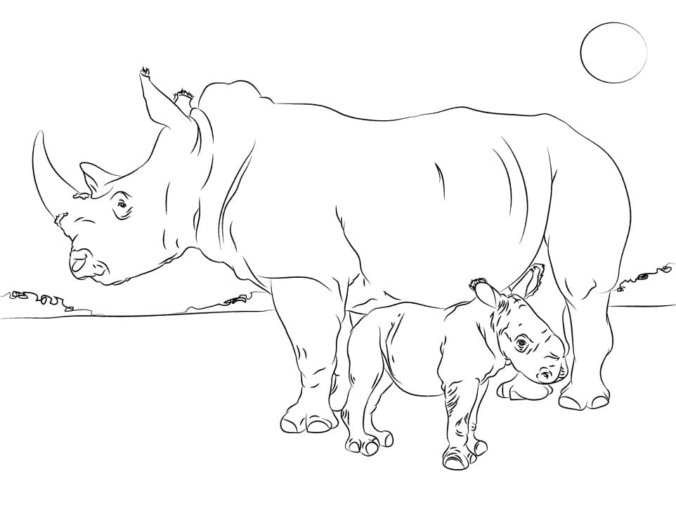 Mother Rhino and Baby Coloring Page