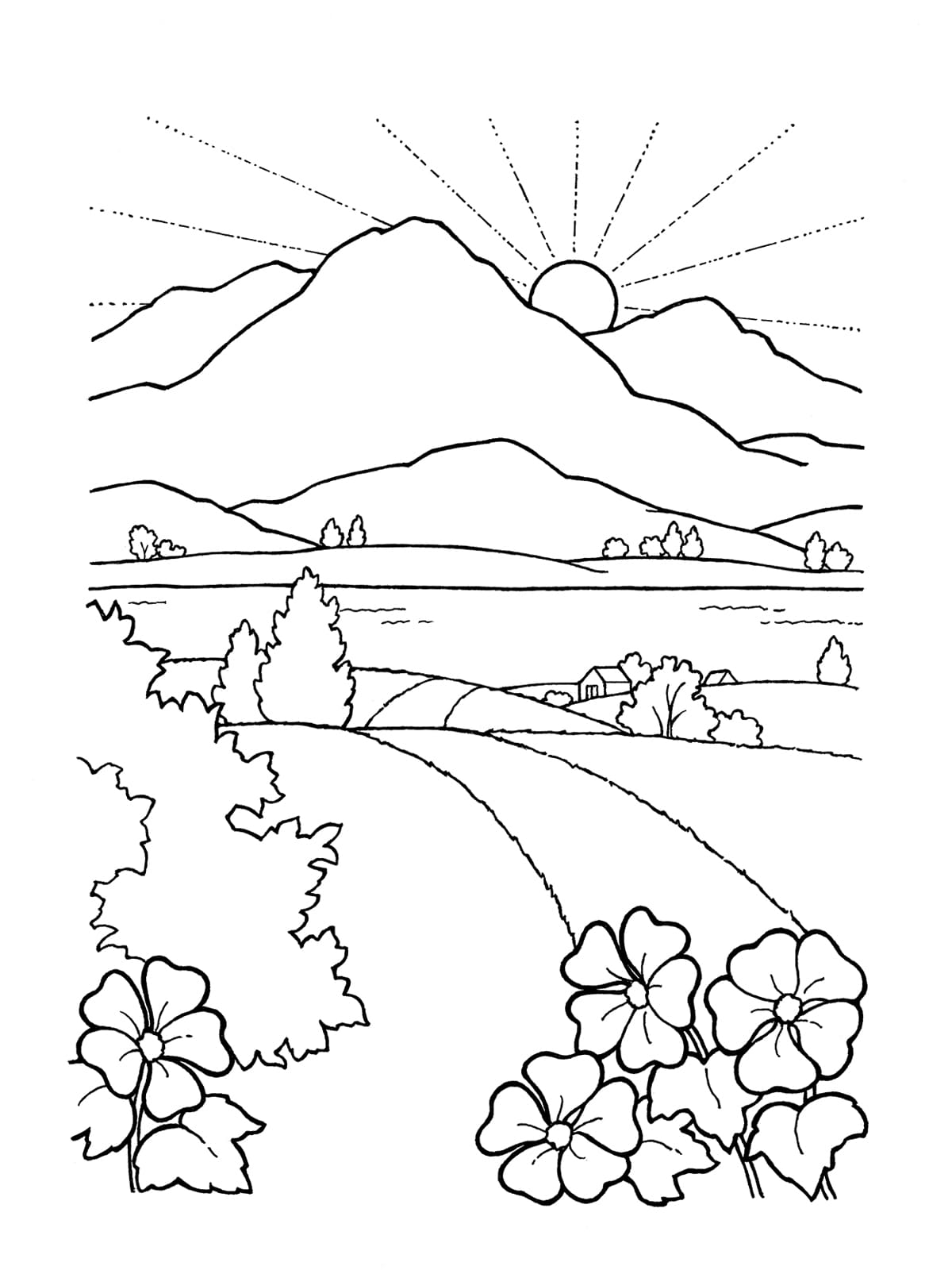 Mountain in the Sunset Coloring Page