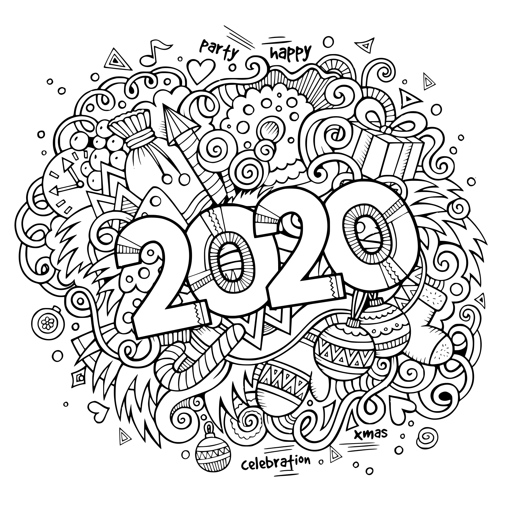 New Year 2020 Doodles Objects And Elements Poster Design Coloring Page
