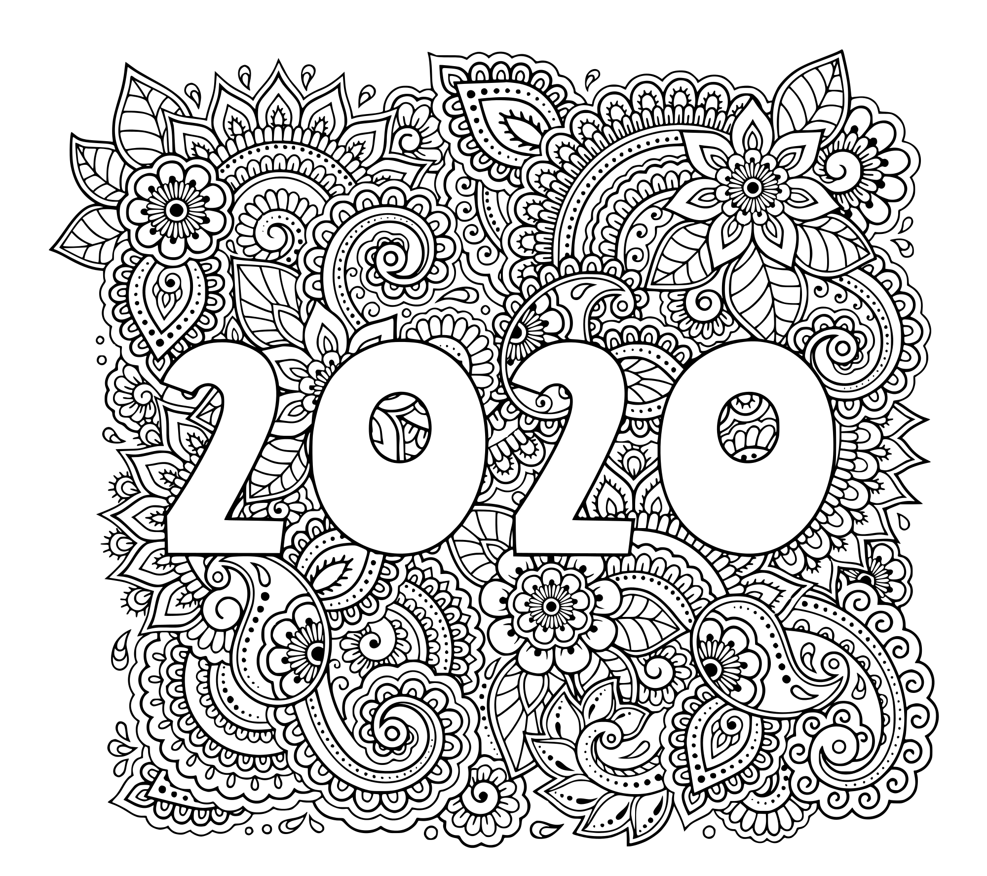 New Year 2020 Highly Detailed Decorative Floral Pattern Coloring Page