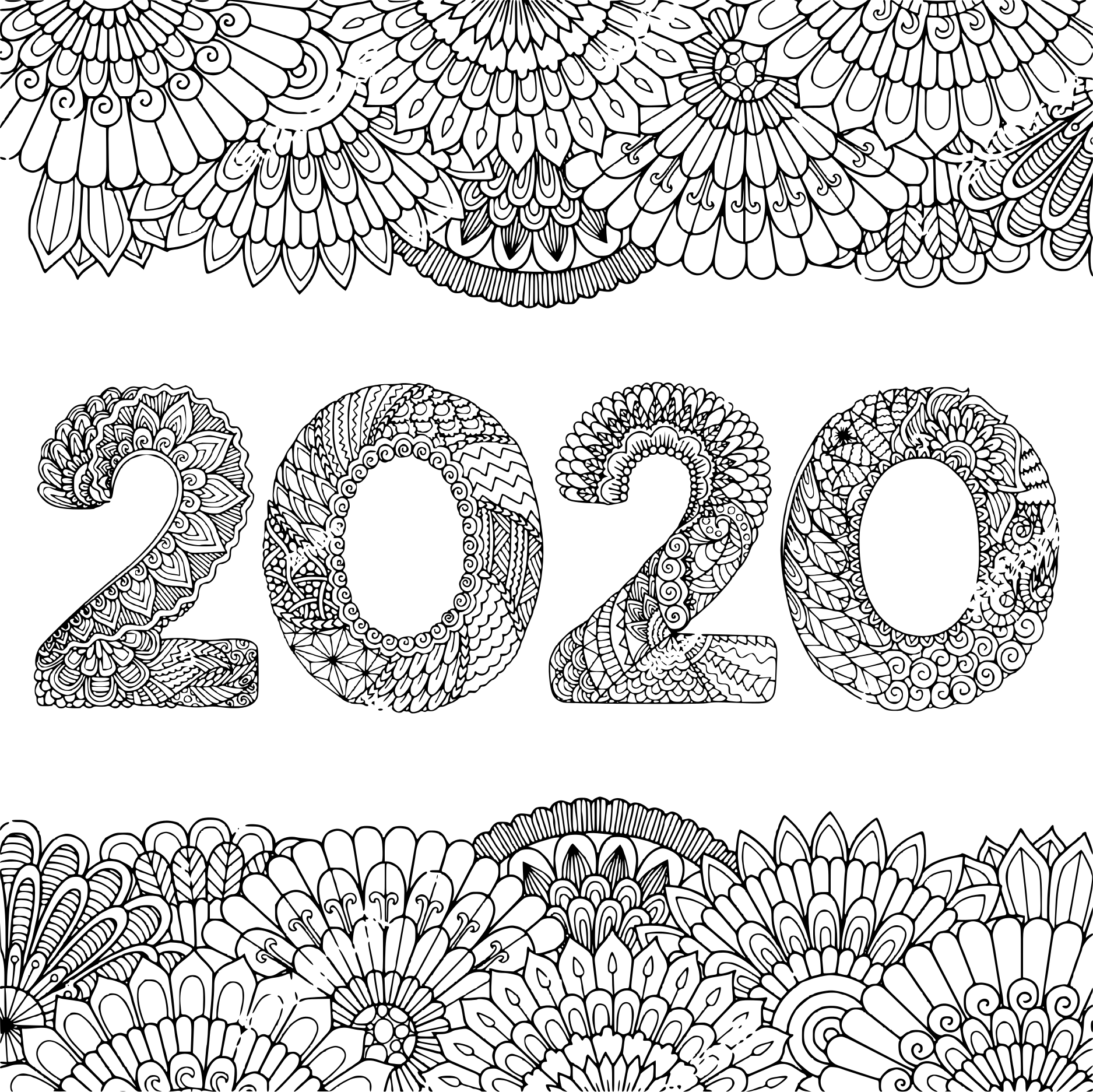 New Year 2020 Inside Floral Frame Adult Coloring Page