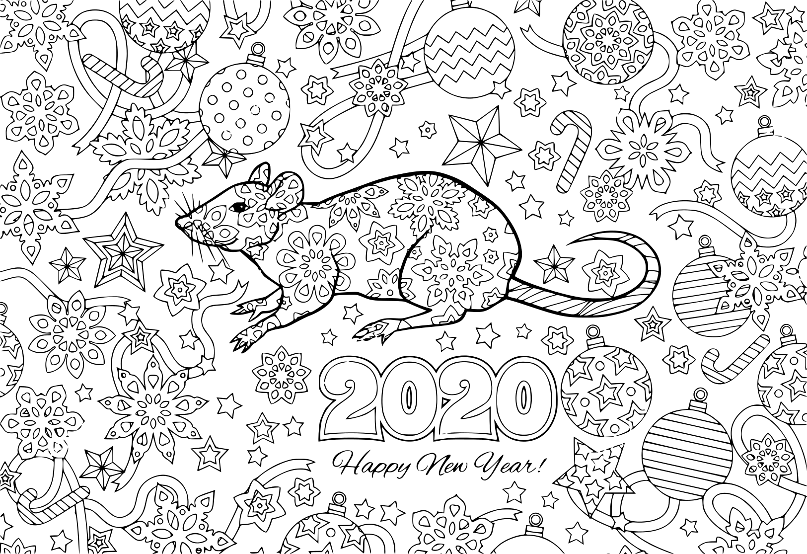 New Year 2020 Rat And Festive Objects Image For Calendar Coloring Page