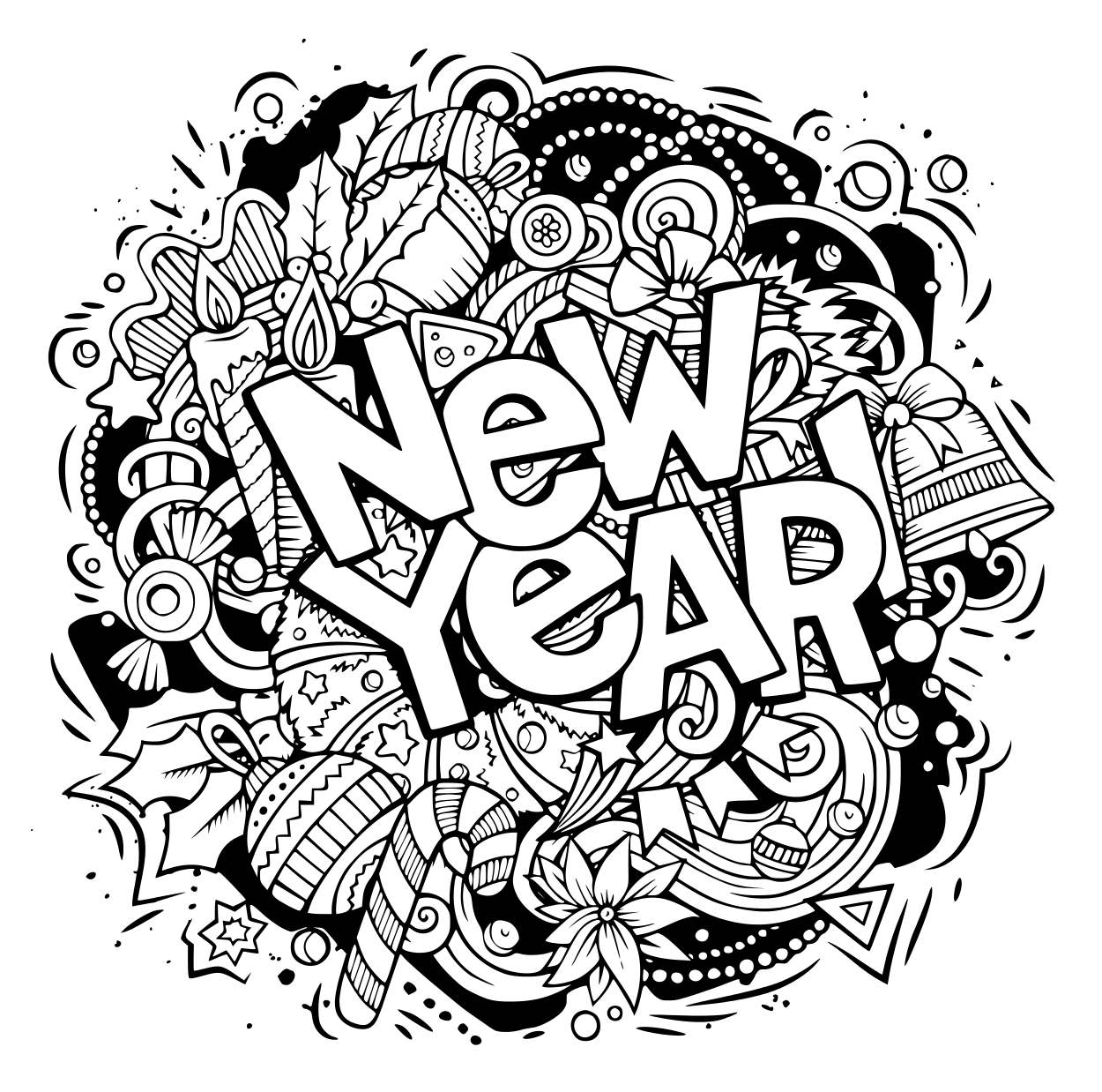 New Year Doodles Objects And Elements Coloring Page
