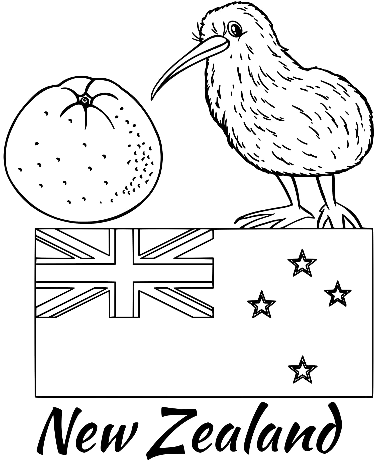 New Zealand Flag Kiwi Coloring Page