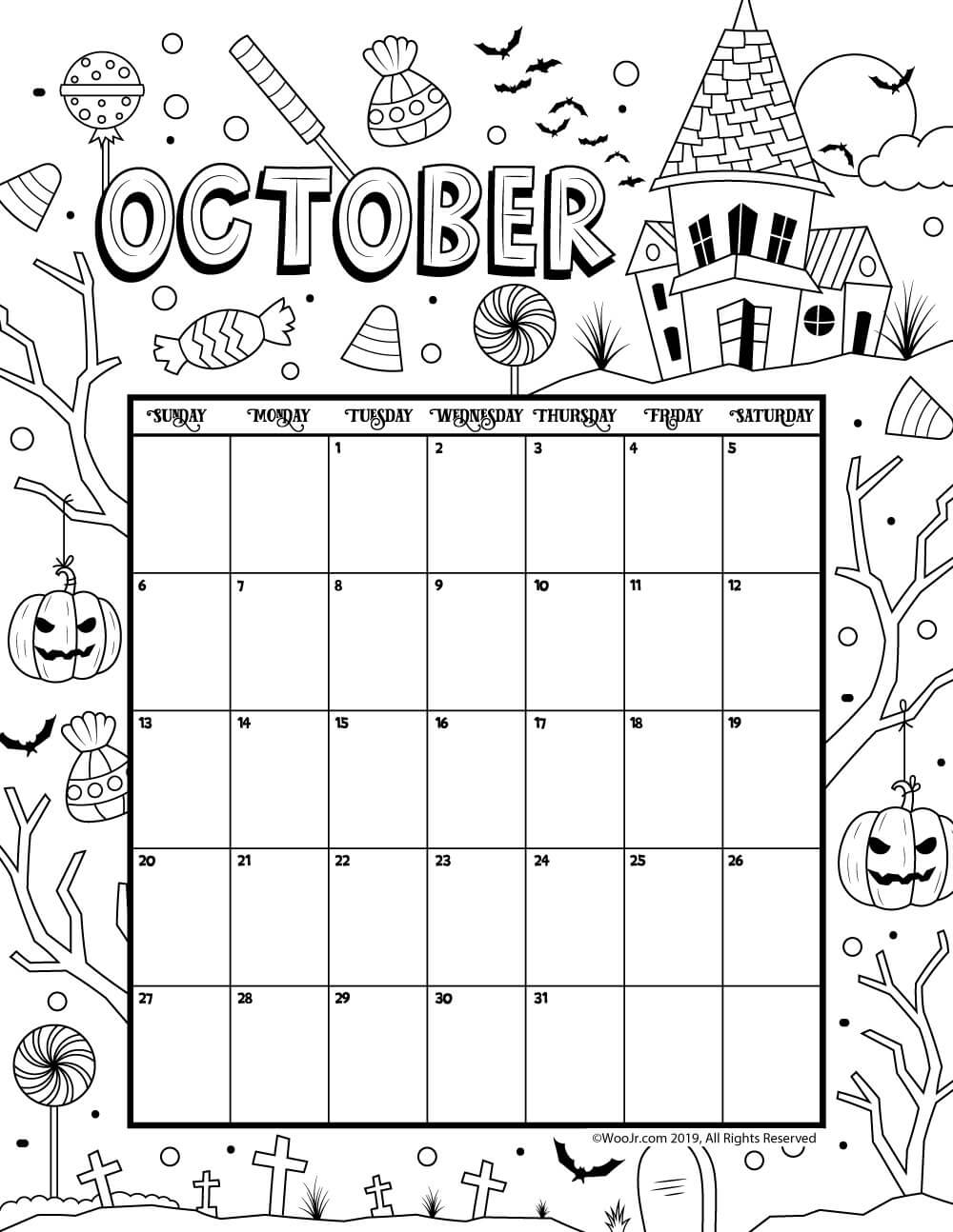 October Coloring Calendar 2019