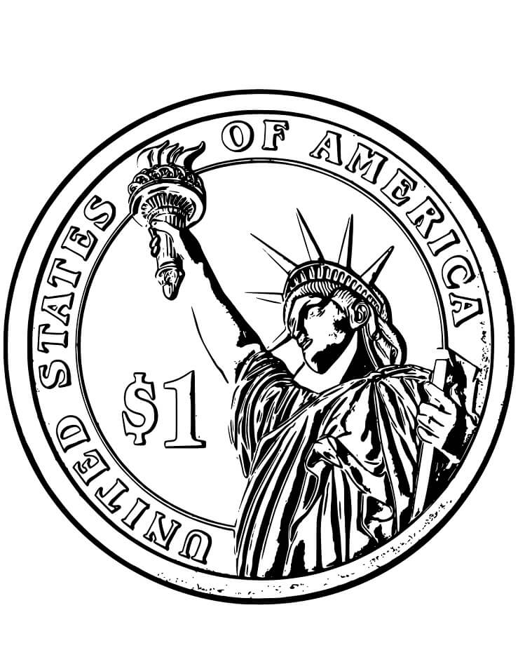 One Dollar Coin with Statue of Liberty Coloring Page