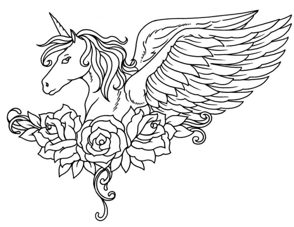 Ornate Winged Unicorn Flowers Coloring Page