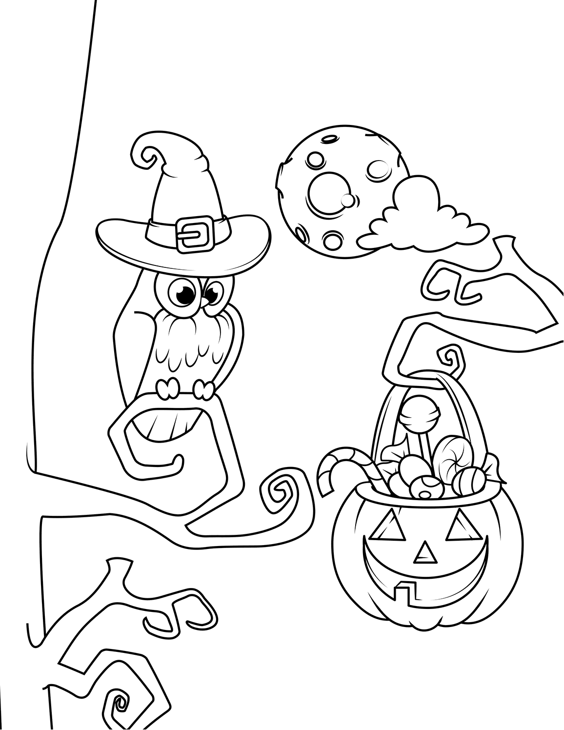 Owl And Jack O Lantern With Candies Halloween Coloring Page