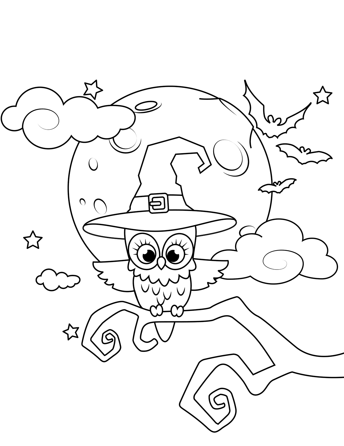 Owl In A Witch Hat Halloween Coloring Page