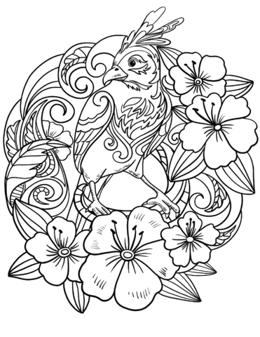 Parrot Sitting On Flowers Coloring Page