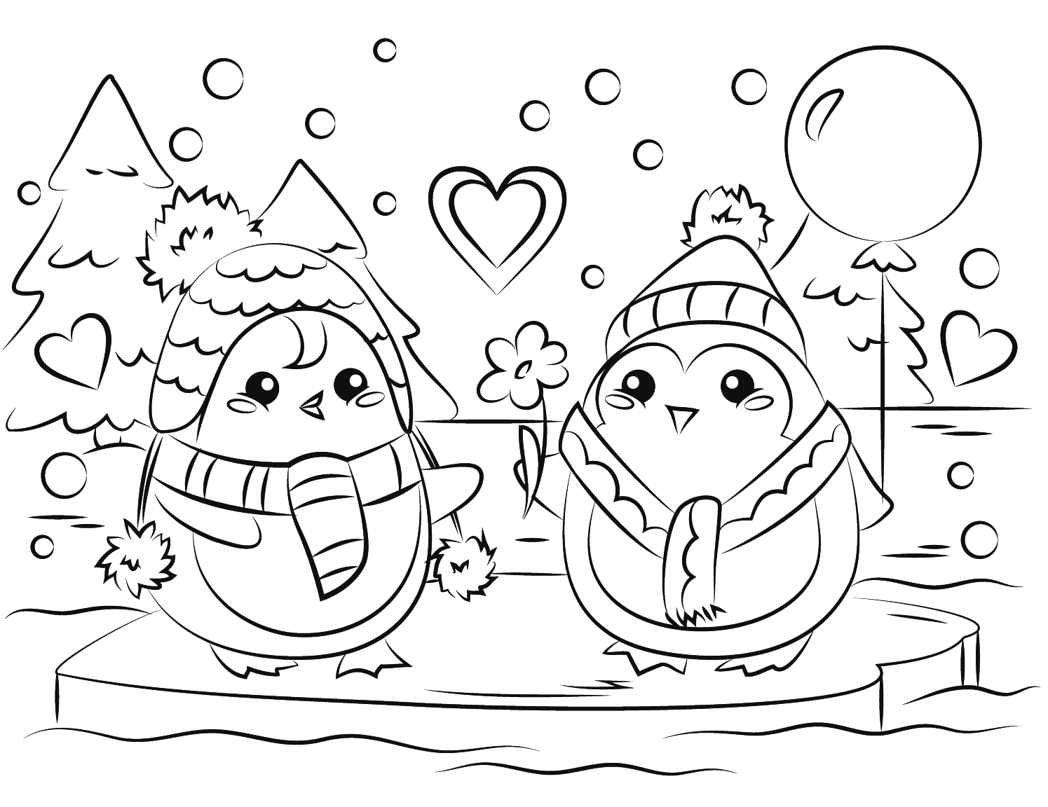 Penguin Couple In Love St Valentines Coloring Page