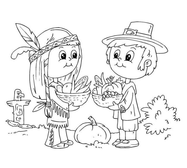 Pilgrim and Indian Children Coloring Page