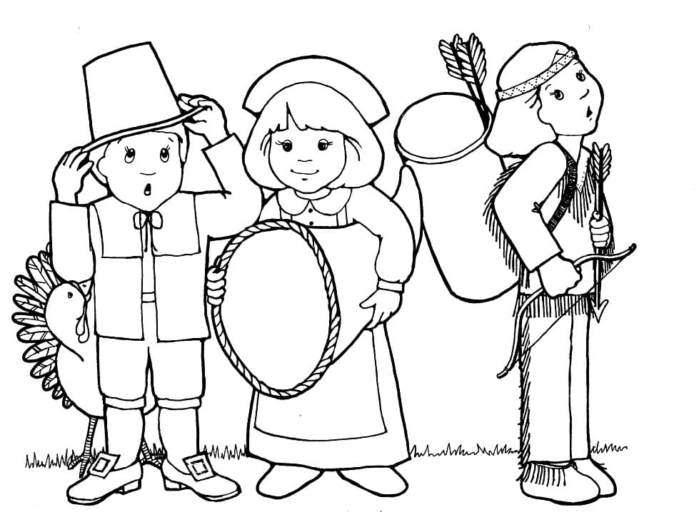 Pilgrim and Indians Coloring Page