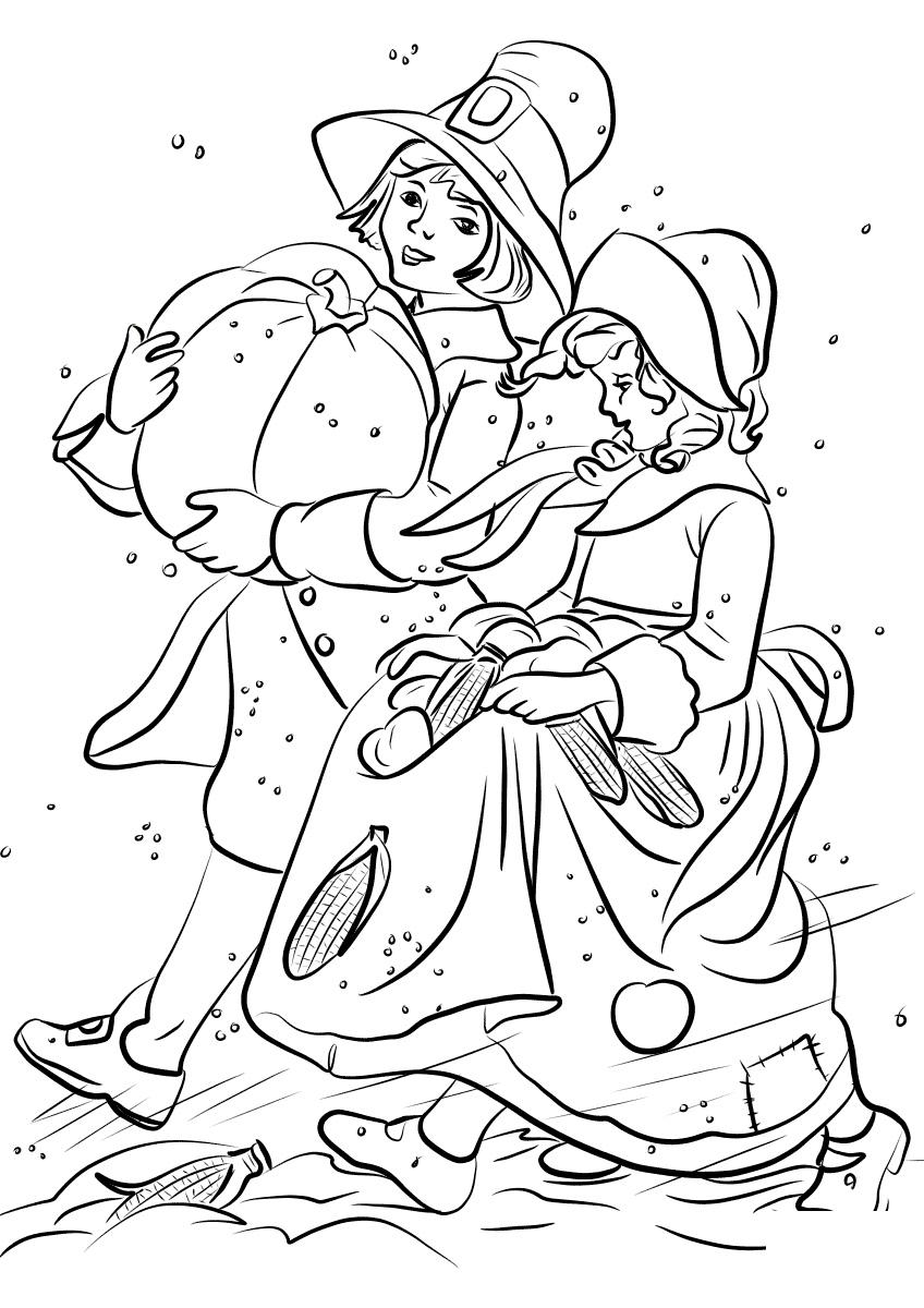 Pilgrim Boy And Girl Carrying Pumpkin And Corns Thanksgiving Coloring Page