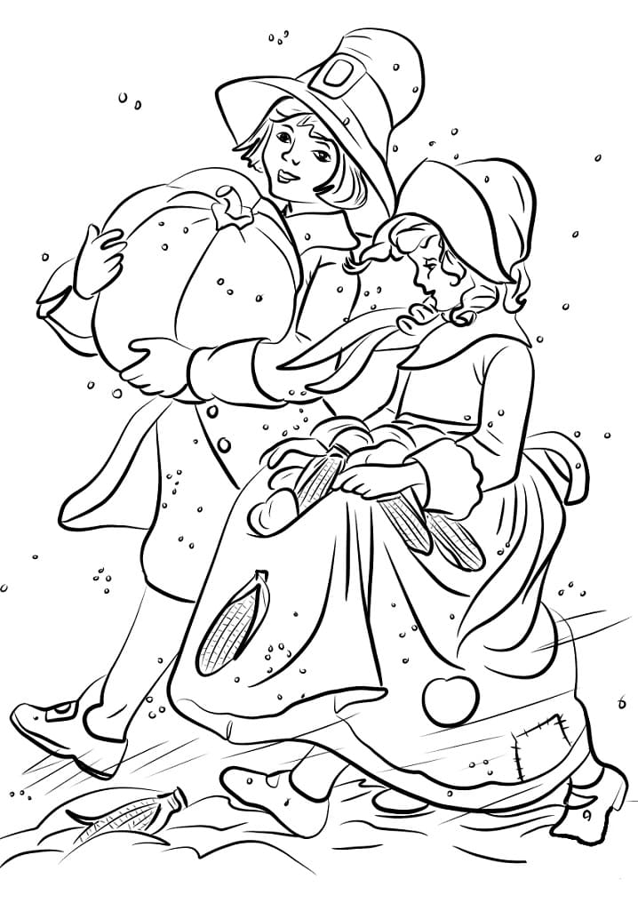 Pilgrim Boy and Girl Coloring Page