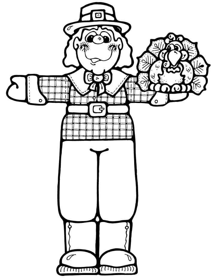 Pilgrim Boy with Turkey Coloring Page
