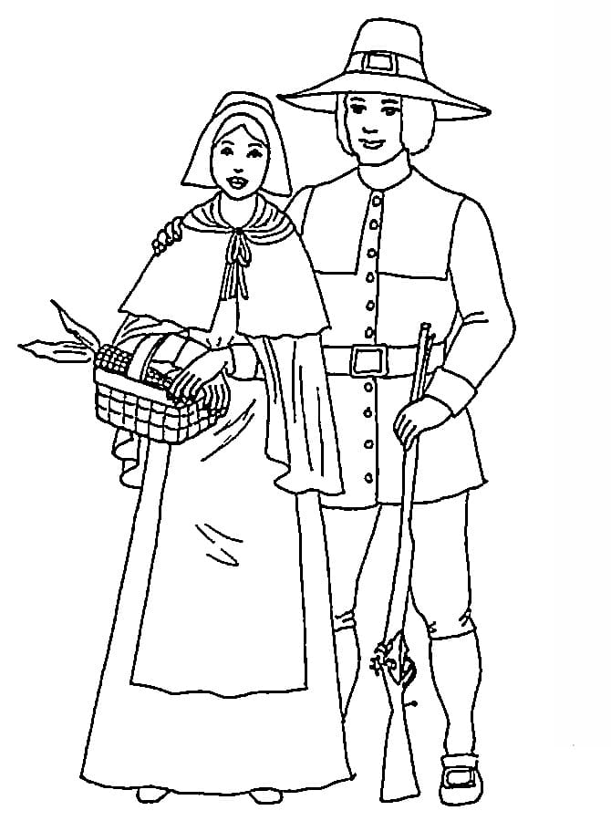 Pilgrim Couple 3 Coloring Page